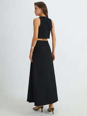 Plain Button Detail Top With Split Maxi Skirt Set