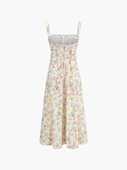 Floral Pleated Tie Long Dress