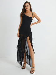 Asymmetrical Ruffle Net Long Dress