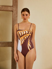 Print Fine Strap Tie Back One Piece Swimsuit