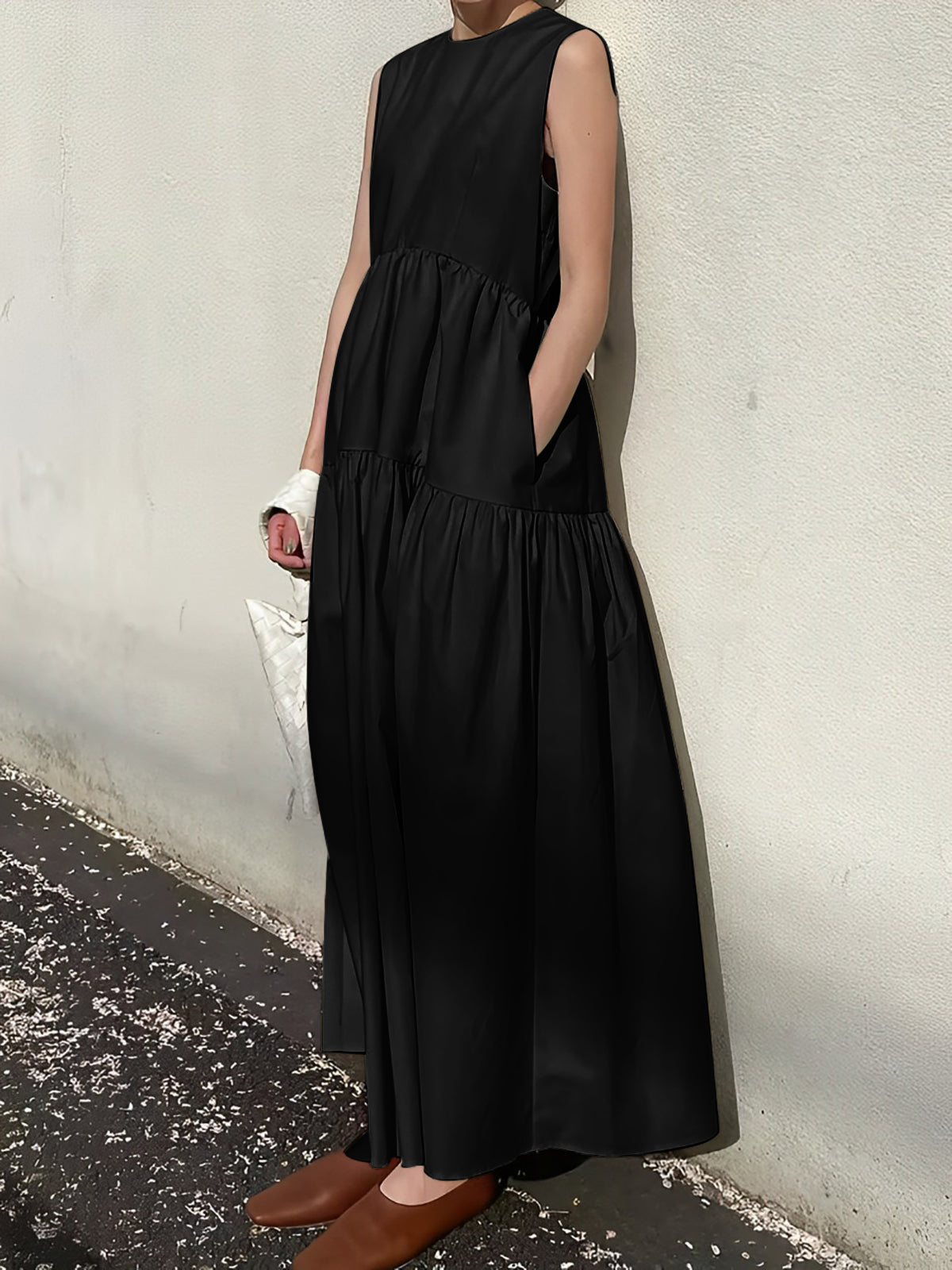 Solid Pockets Sleeveless Long Dress