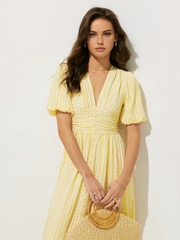 Plaid Pattern Puff Sleeve V-Neck Midi Dress