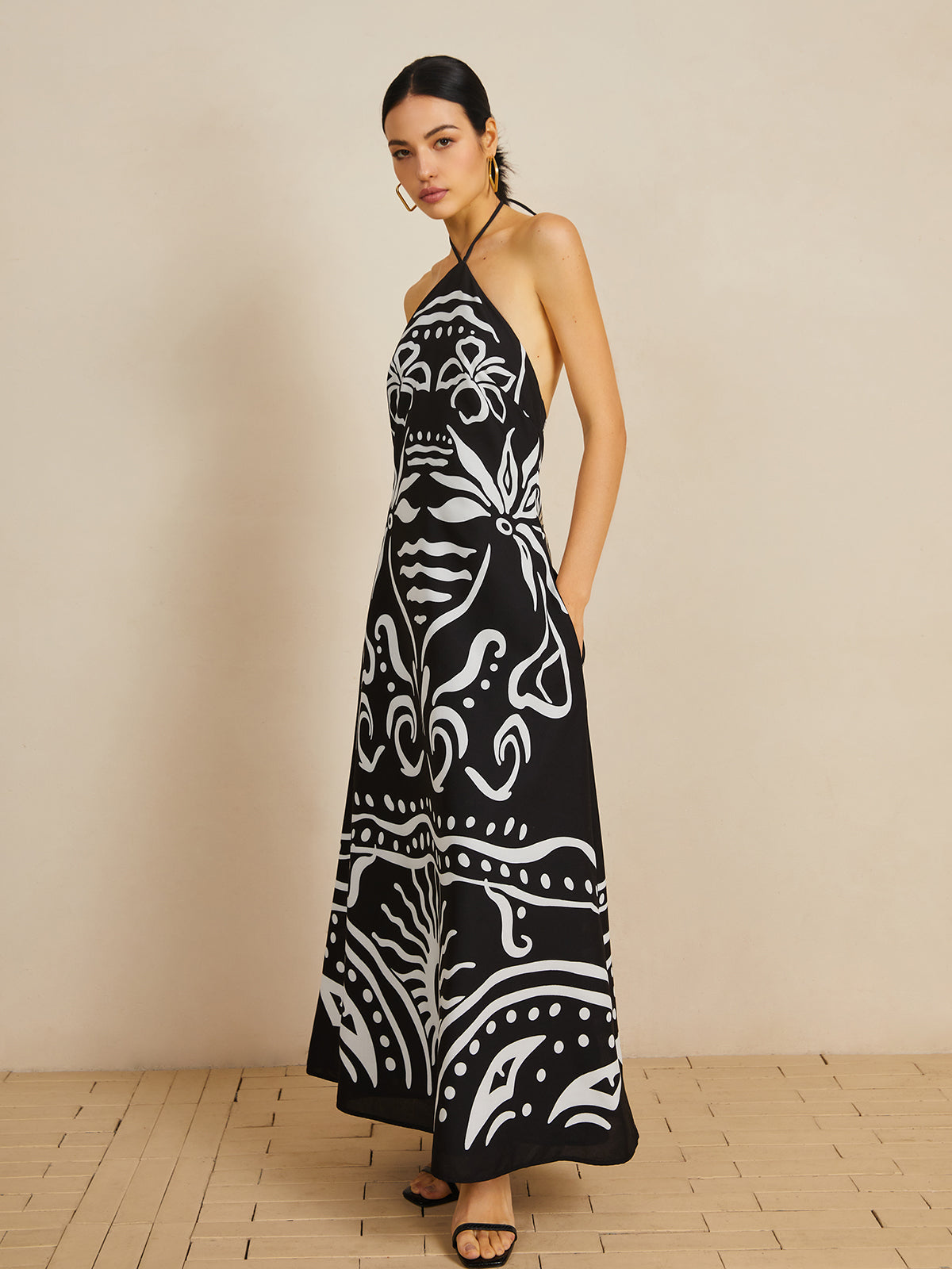 Print Halter Backless Long Dress