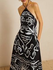 Print Halter Backless Long Dress