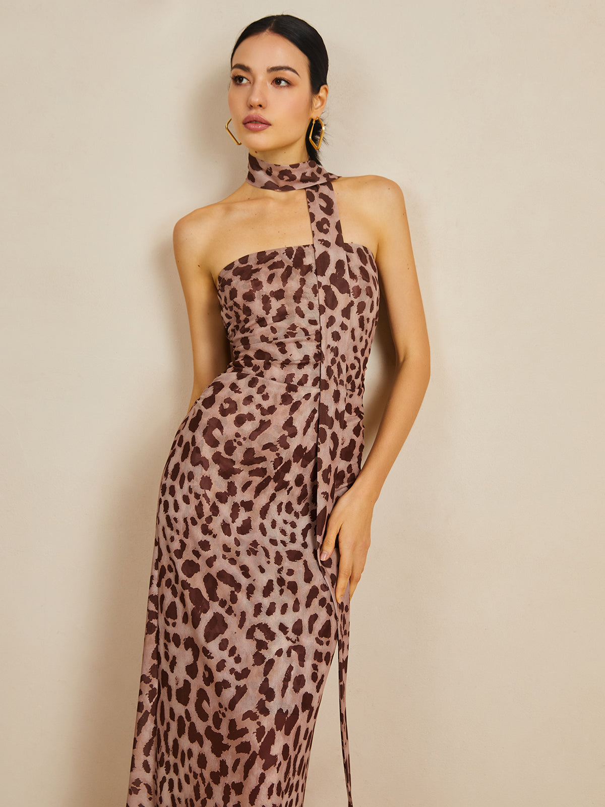 Leopard Print Mesh Halter Midi Dress