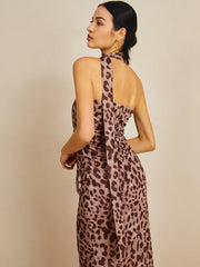 Leopard Print Mesh Halter Midi Dress