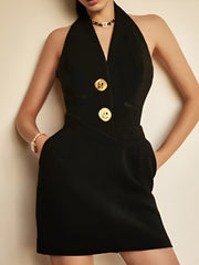 Sleeveless Halter V Neck Dress With Gold Buttons