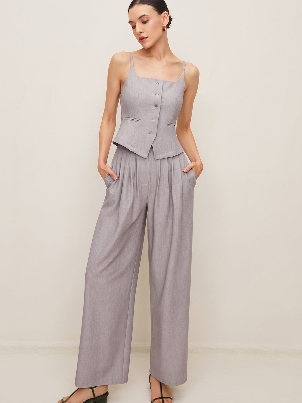 Pleated Sleeveless Plain Pants Set