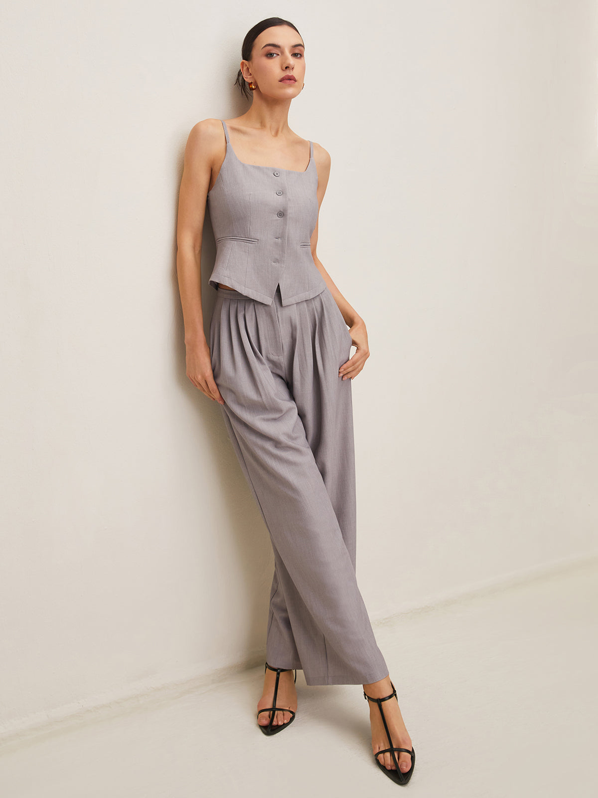 Pleated Sleeveless Plain Pants Set