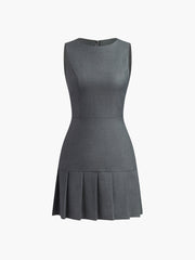 Crew Neck Pleated Zipper Plain Dress