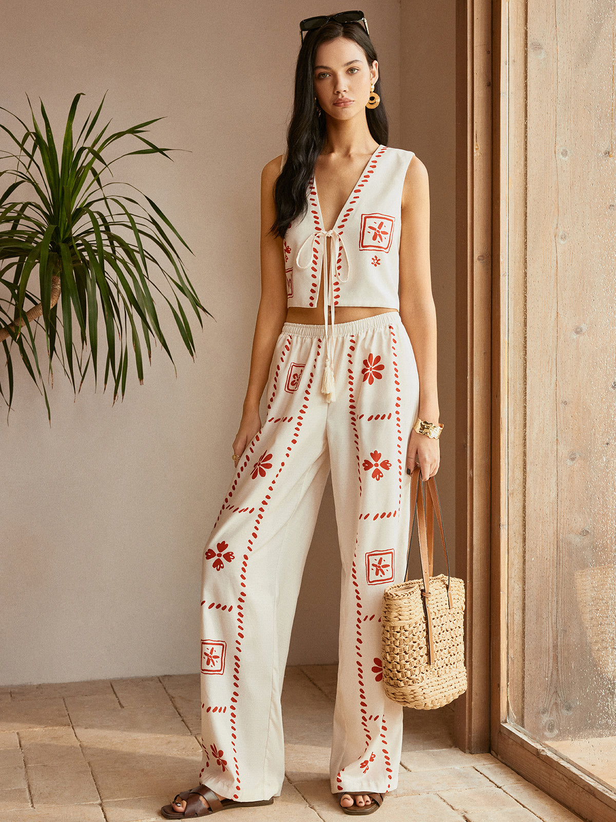 Print Knotted Tassel Pants Set