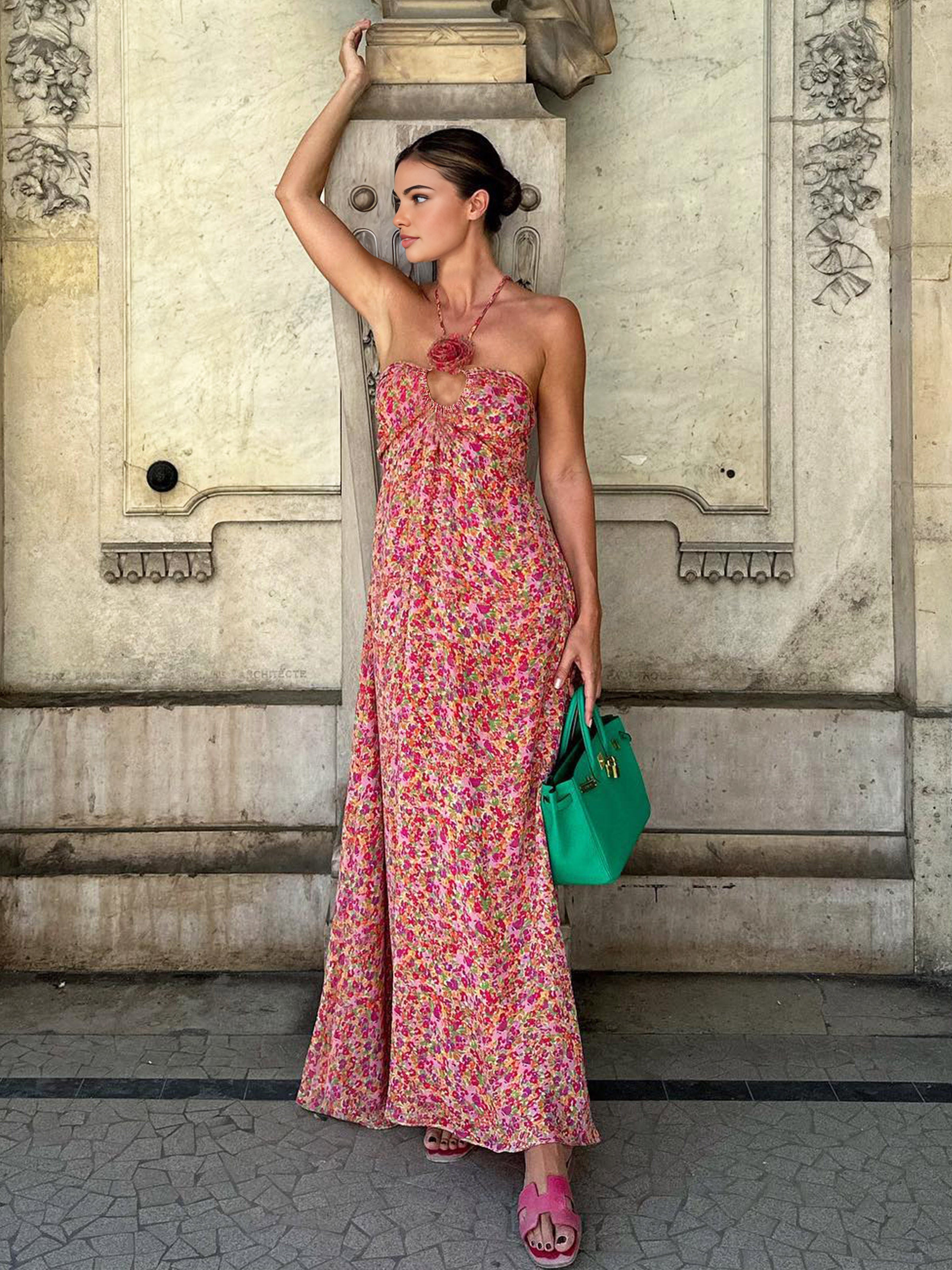 Boho Floral Print Rosette Decor Halter Long Dress