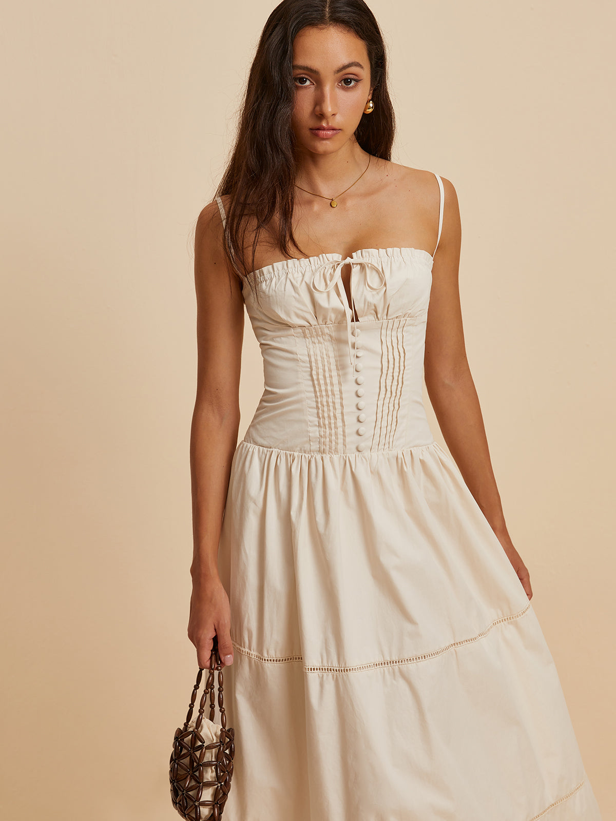 Cotton Pleated Low Cut Dress