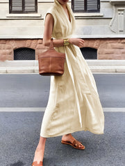 Cotton & Linen Belted Sleeveless Long Dress