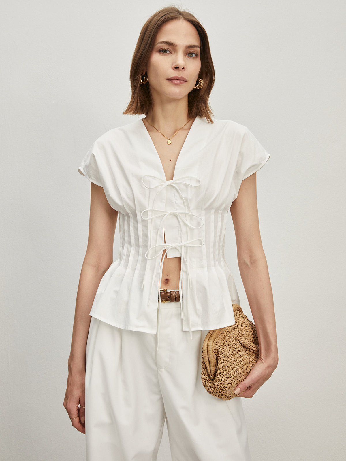 Cotton Pleated Knotted Blouse