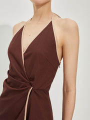 Backless Contrast Trim Knotted Dress