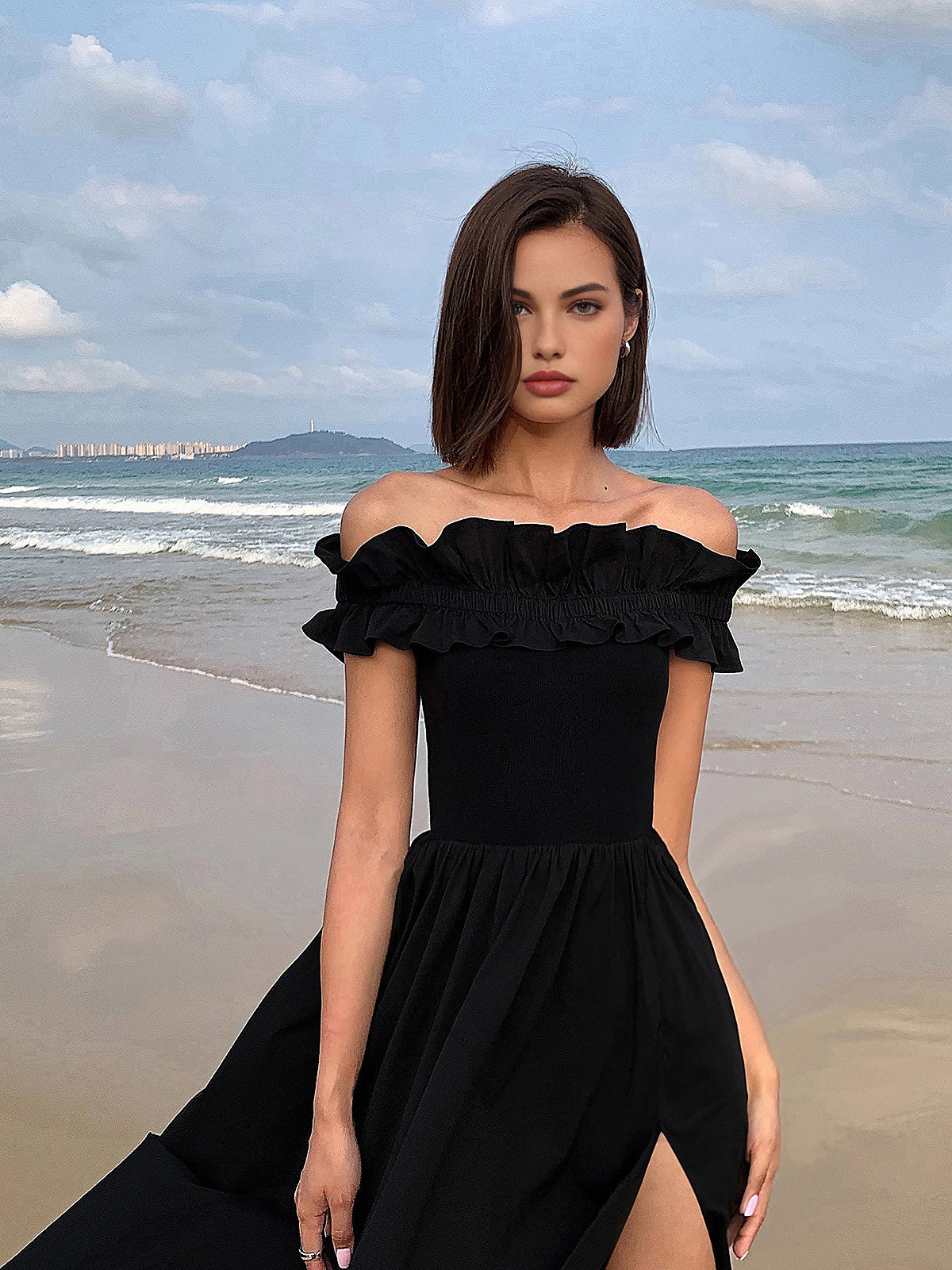 Ruffle Off Shoulder High-Slit Long Dress