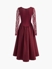 Pleated Lace Sleeve Long Dress