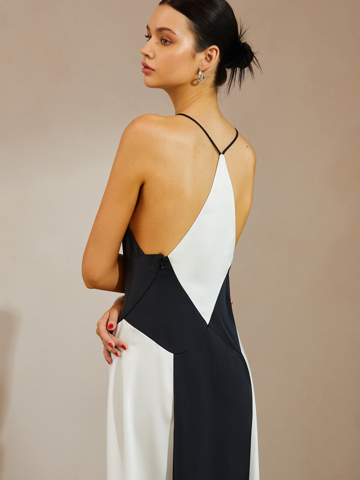 Color Block V-Neck Sleeveless Satin Long Dress