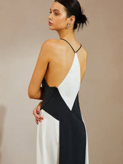 Color Block V-Neck Sleeveless Satin Long Dress