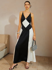 Color Block V-Neck Sleeveless Satin Long Dress