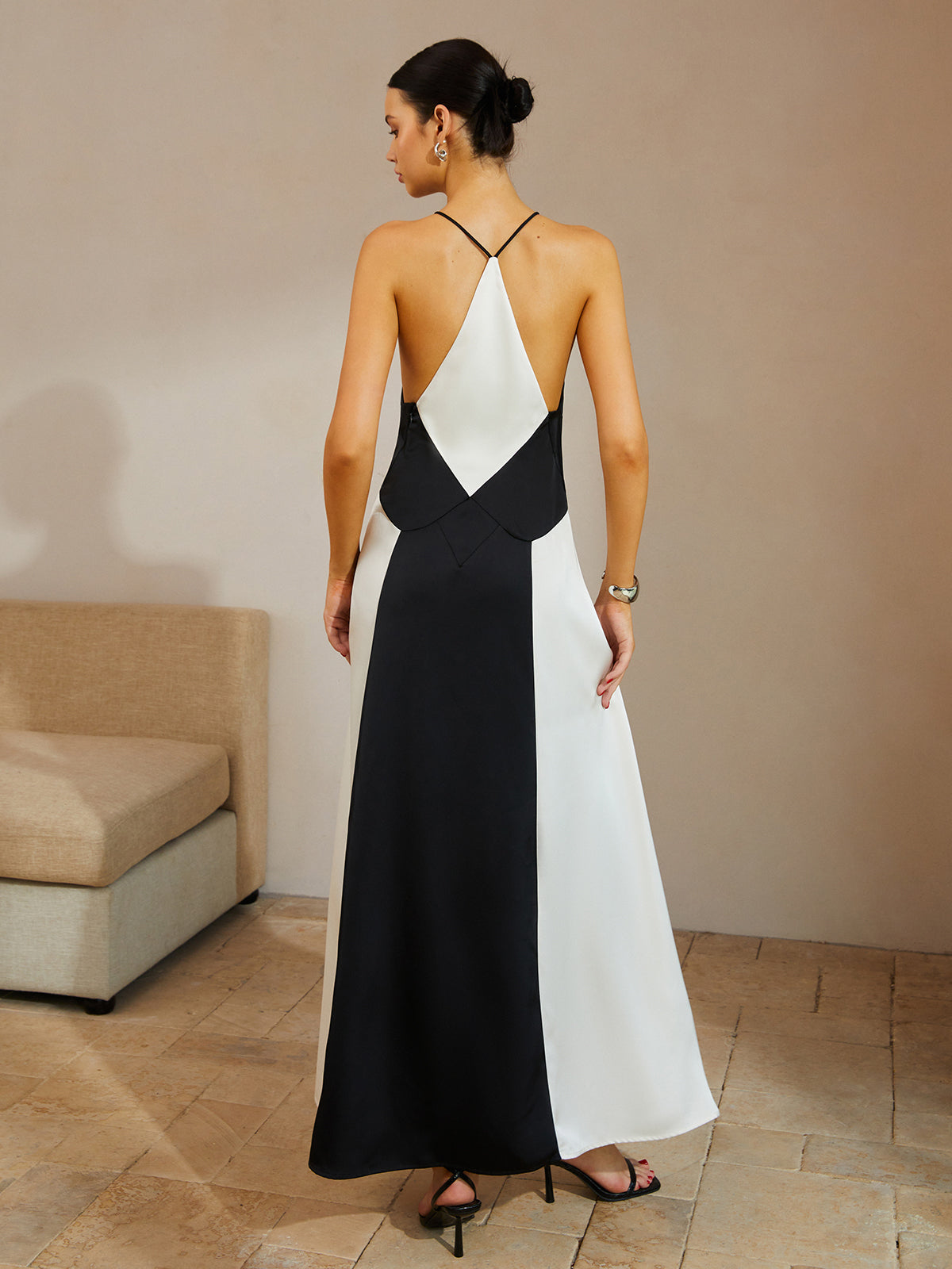 Color Block V-Neck Sleeveless Satin Long Dress