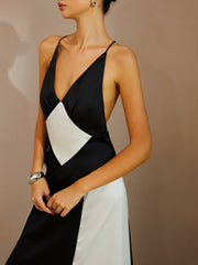 Color Block V-Neck Sleeveless Satin Long Dress