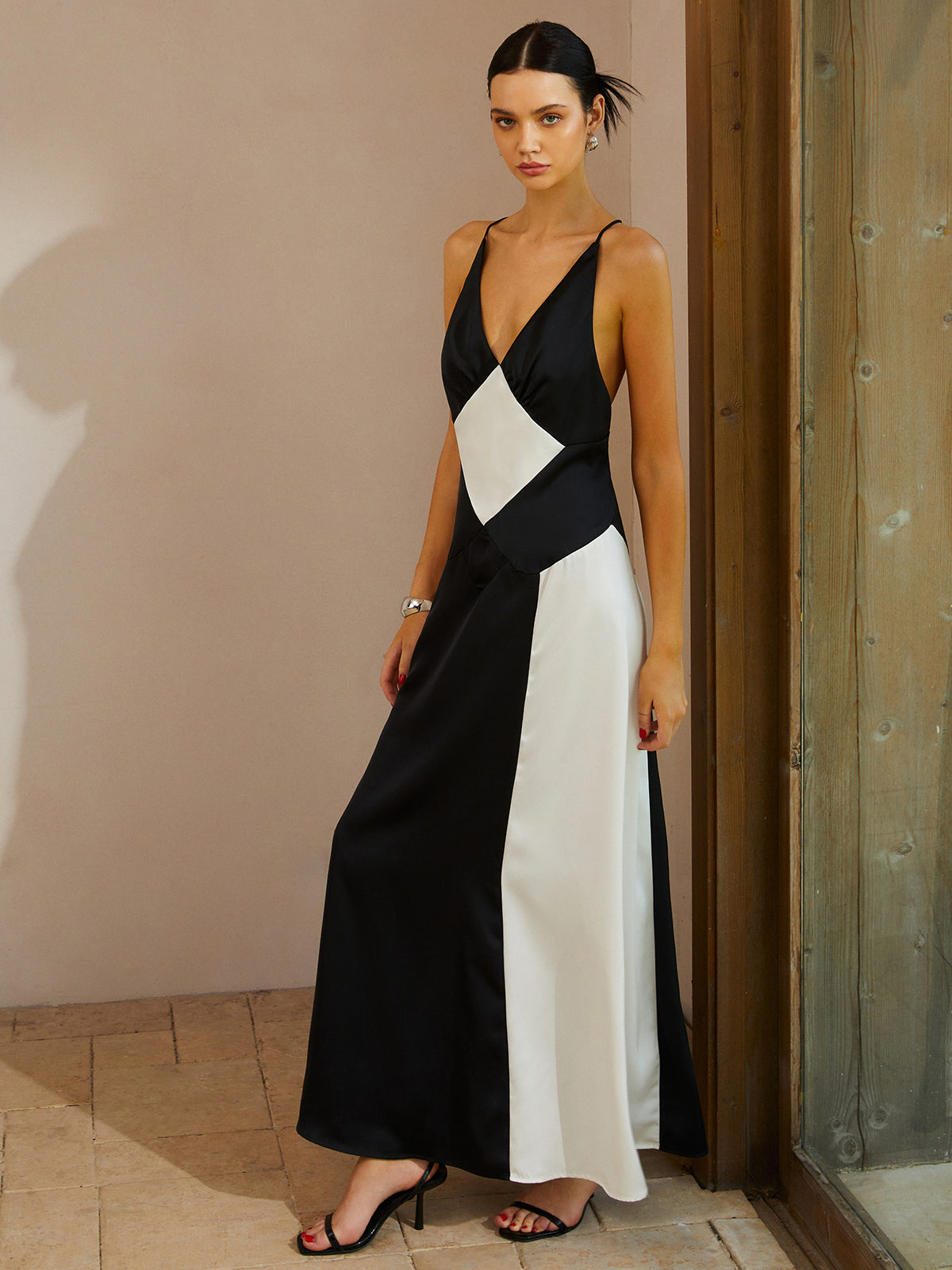 Color Block V-Neck Sleeveless Satin Long Dress