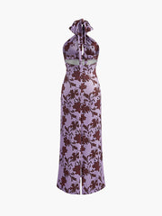 Floral Print Adjustable Halter Long Dress