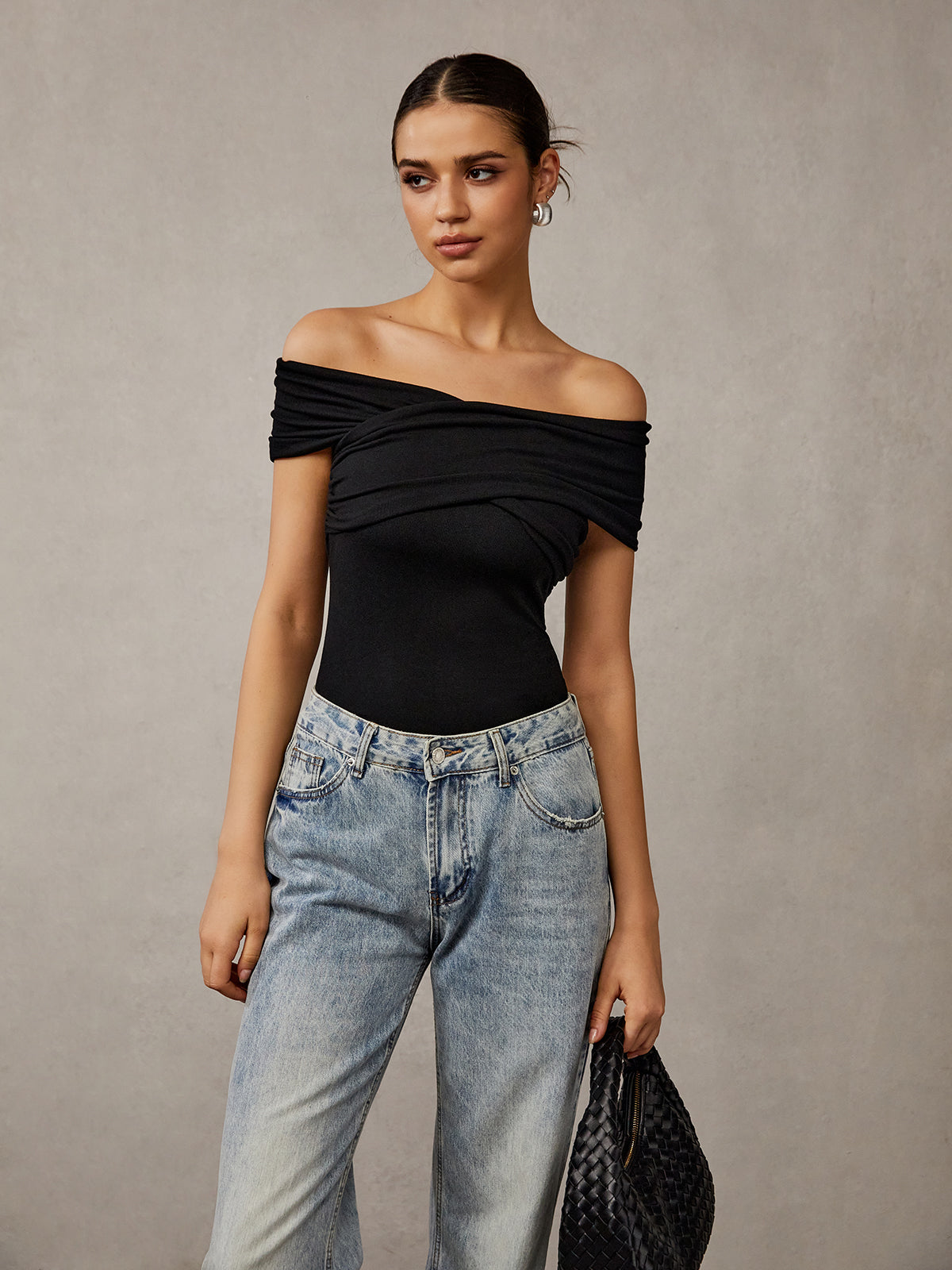 Off Shoulder Plain T-Shirt