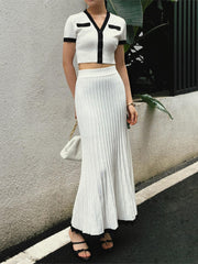 Contrast Trim Pleated Knit Skirt Set