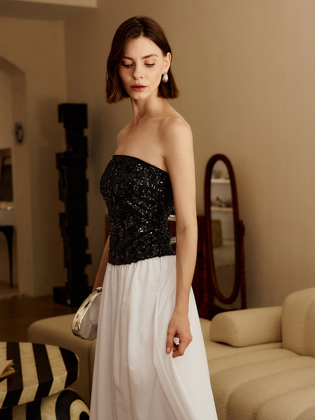 Pleated Sequins Tube Long Dress