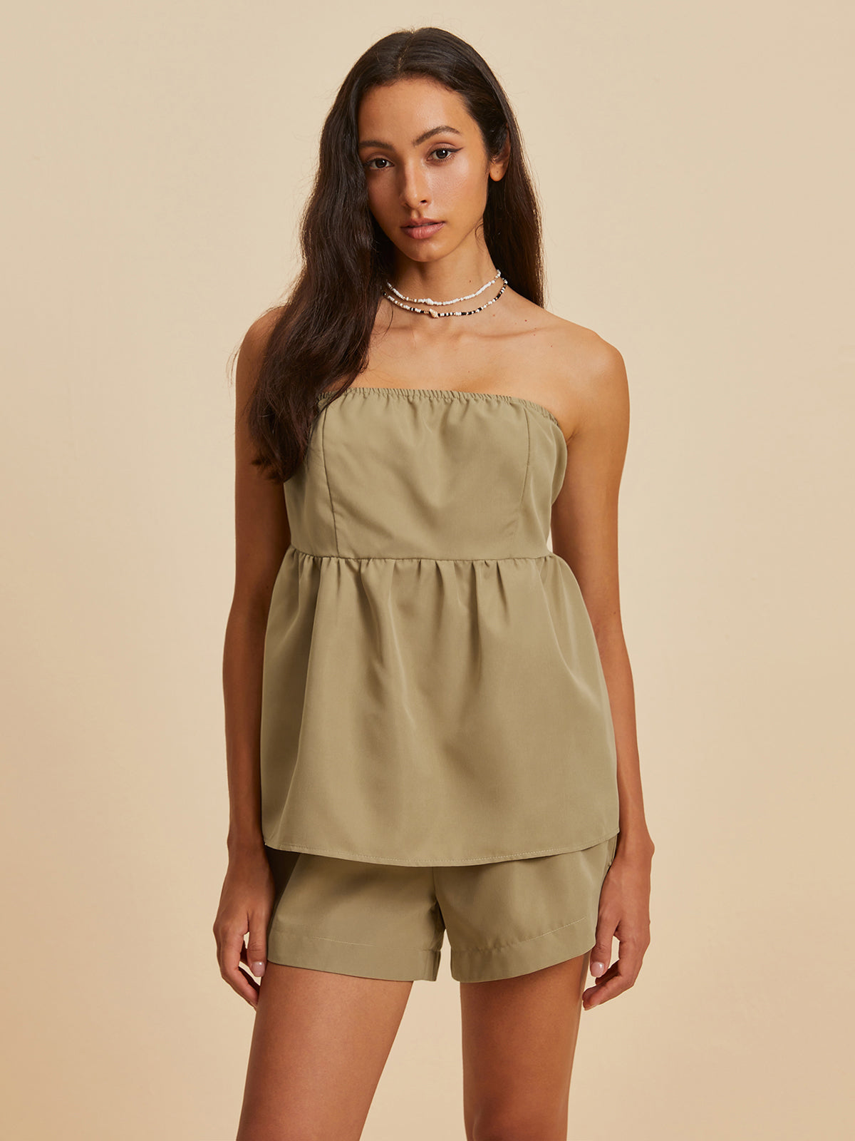 Off-Shoulder Shirred Shorts Set