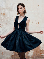 Pleated Bow Satin Dress With Pocket