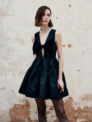 Pleated Bow Satin Dress With Pocket