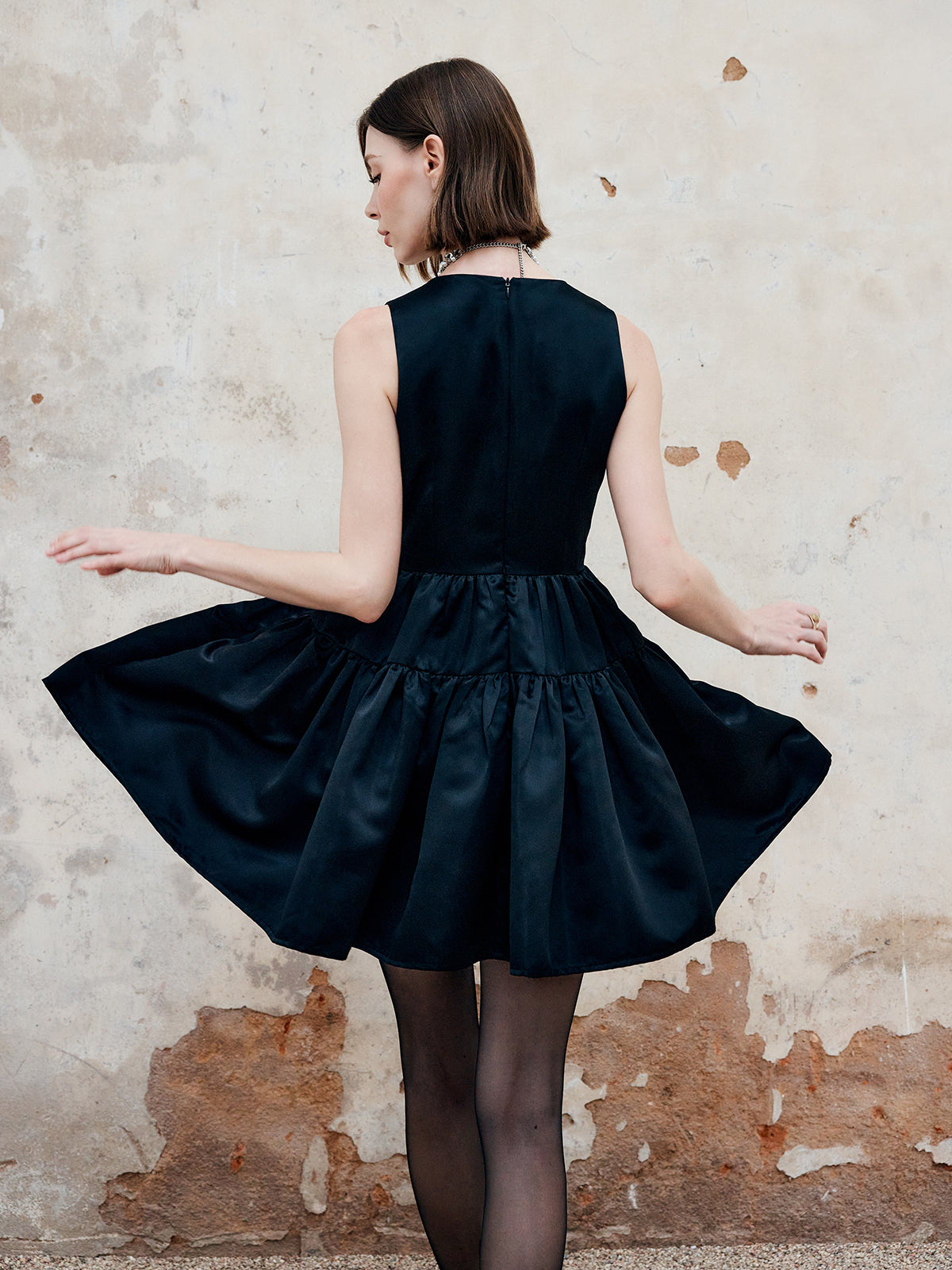 Pleated Bow Satin Dress With Pocket