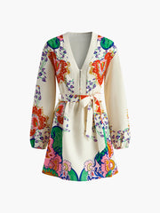 Printed V-Neck Lantern Sleeves Short Dress