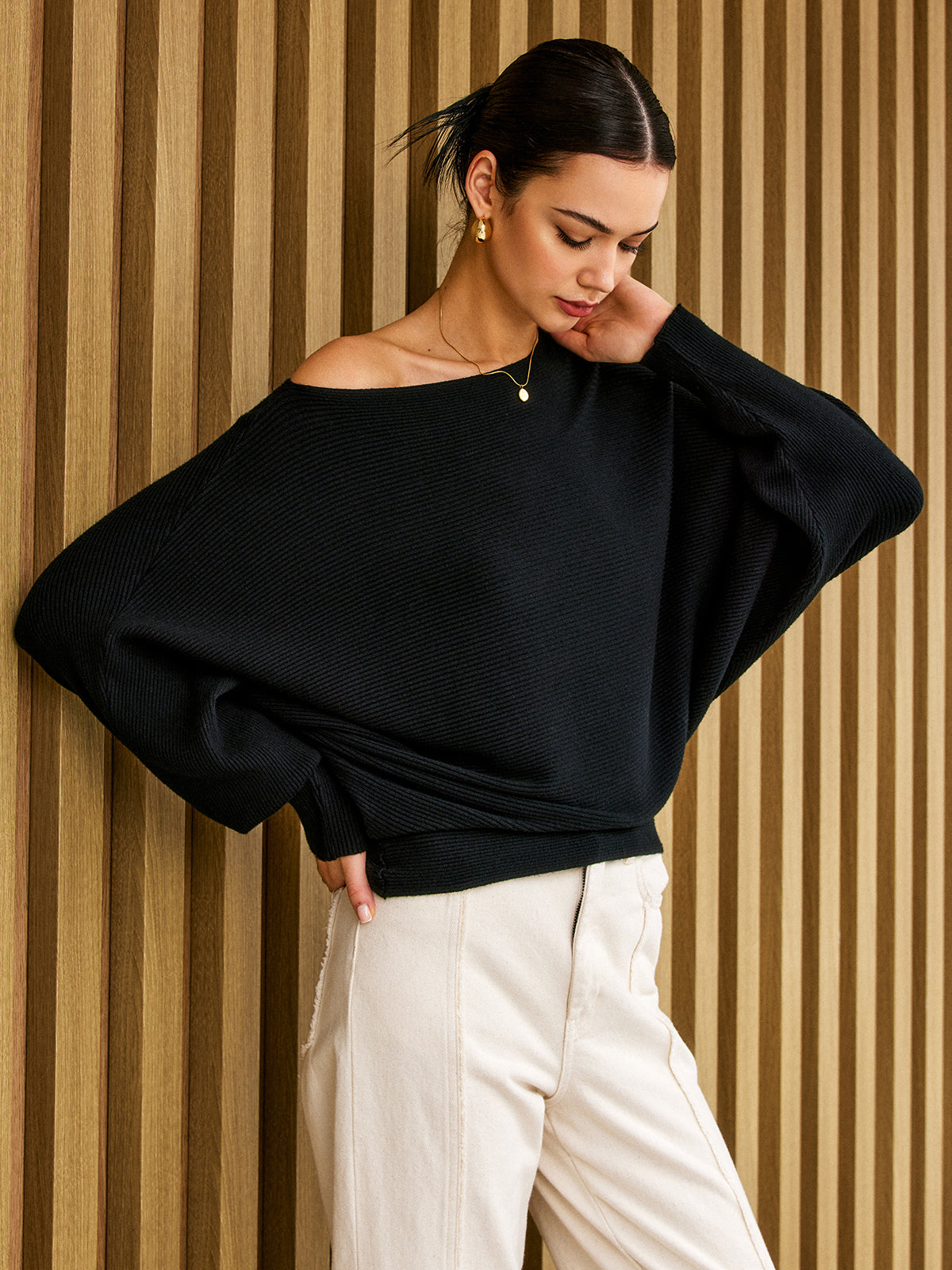 Plain Cold Shoulder Loose Sweater