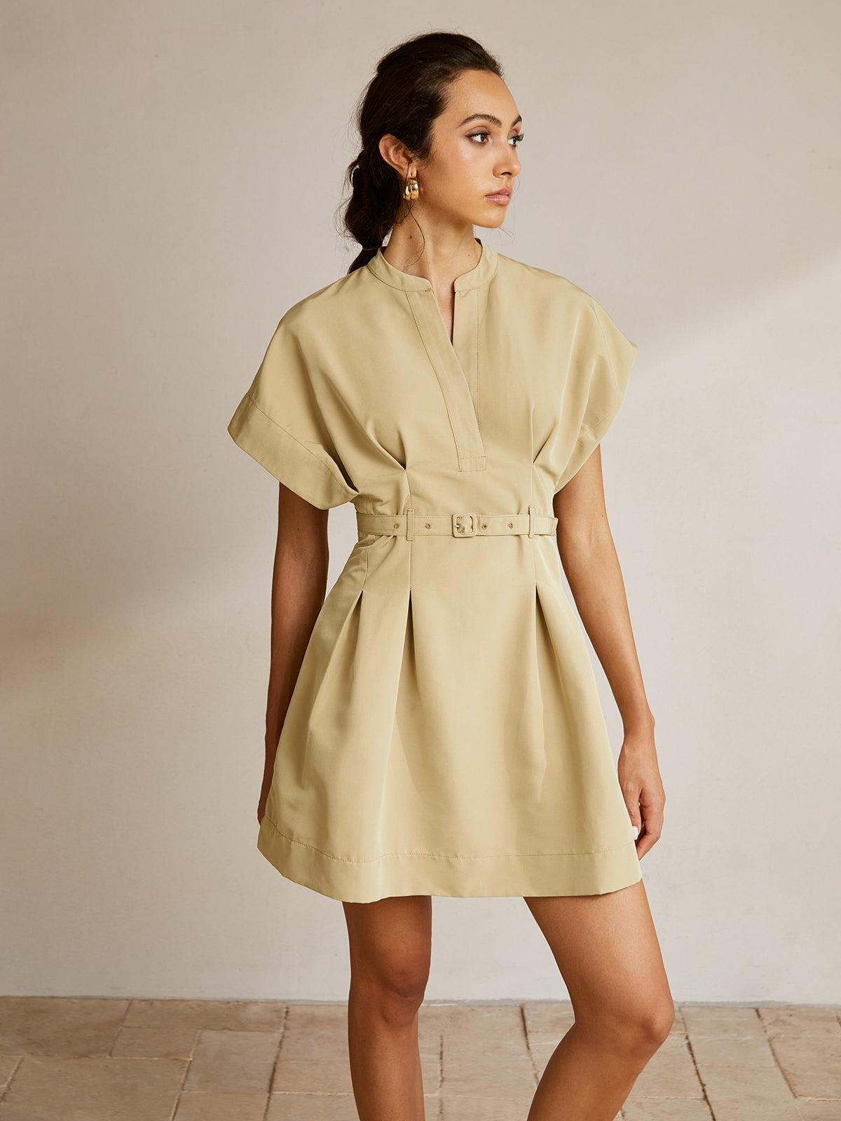 Stand Collar Short Dress With Belt