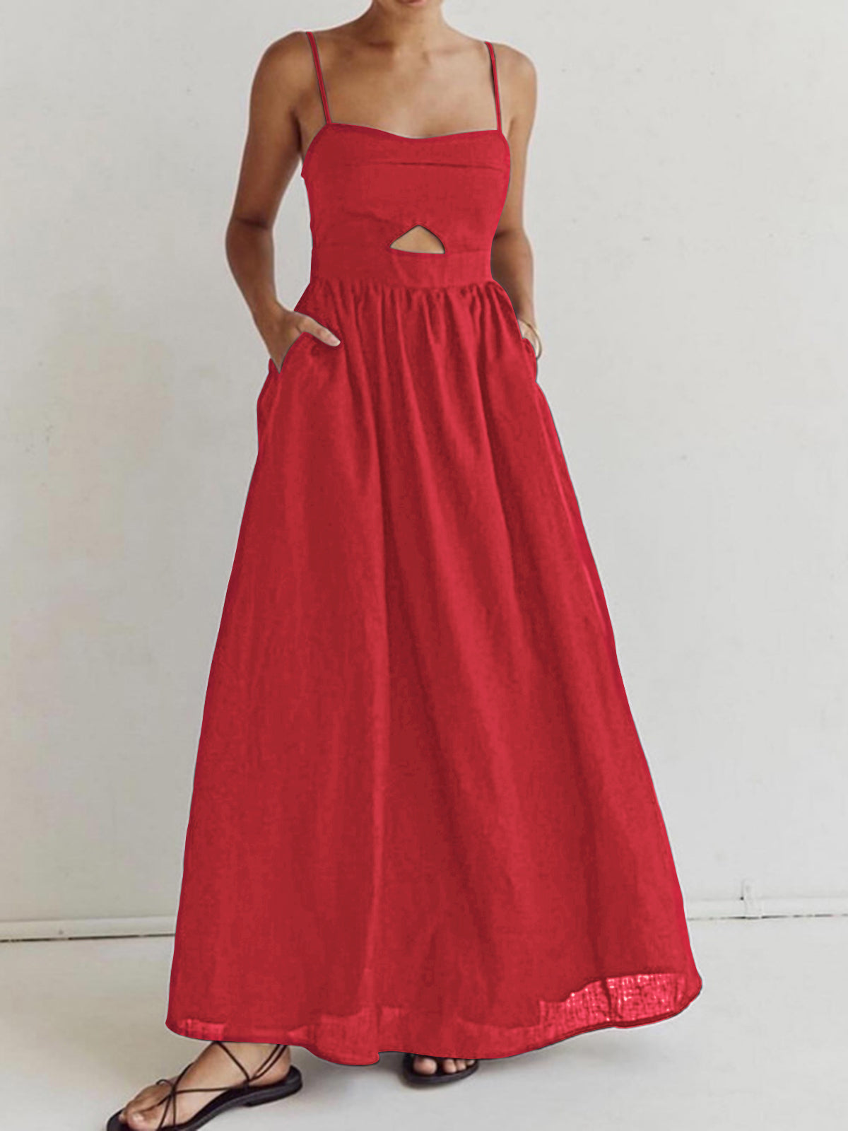 Cotton Sleeveless Pockets Cutout Long Dress