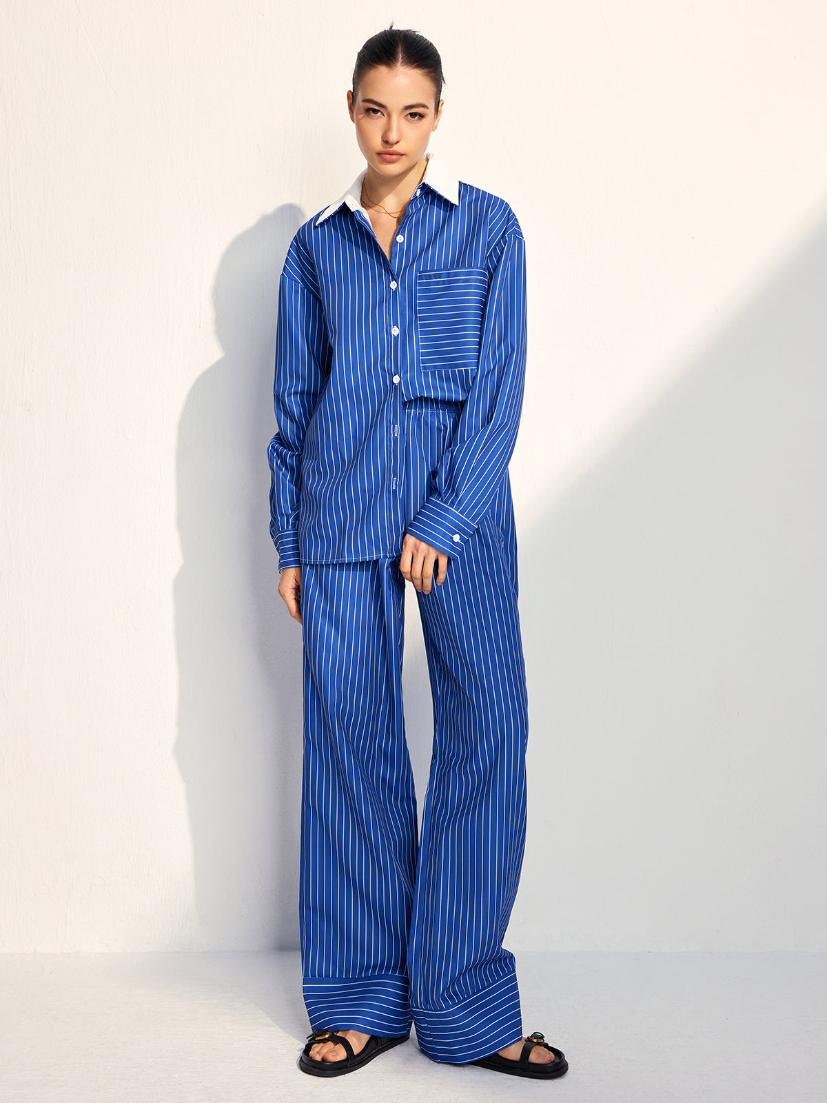 Pinstripe Contrast Lapel Pants Set