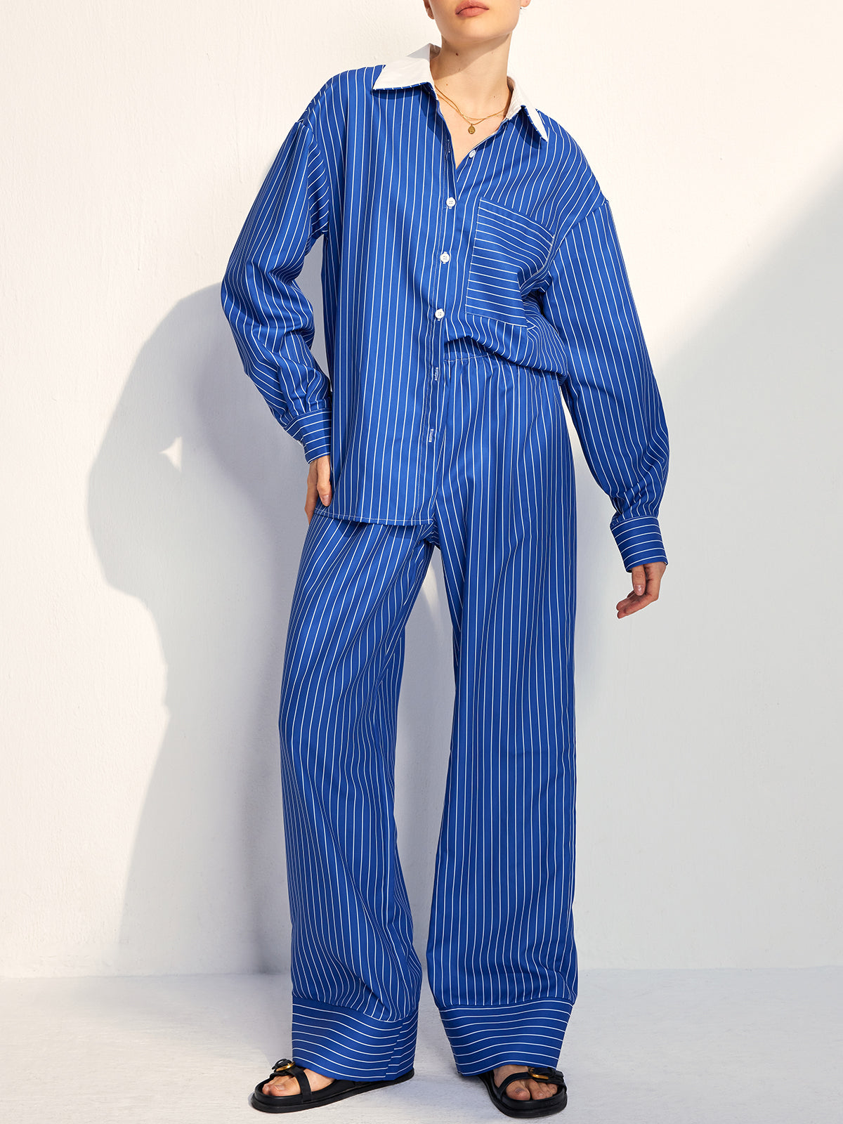 Pinstripe Contrast Lapel Pants Set