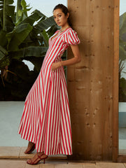 Striped V-Neck Puff Sleeves Pockets Long Dress