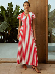 Striped V-Neck Puff Sleeves Pockets Long Dress