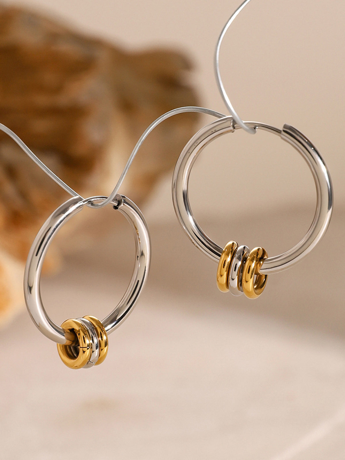 Tow Tone Beading Silver Hoop Earrings