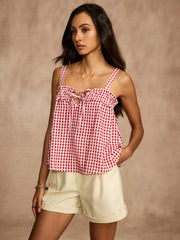 Plaid Shirred Lace Up Blouse