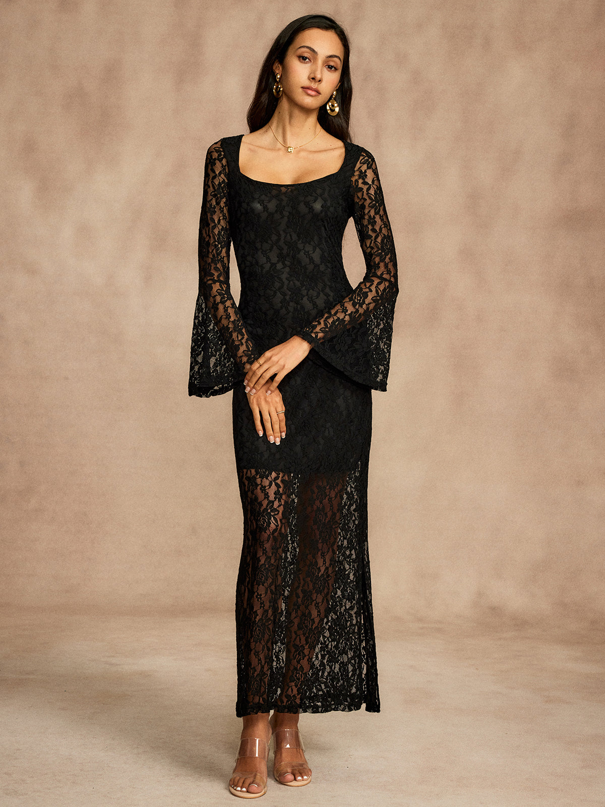 Lace Bell Sleeve Lined Dress