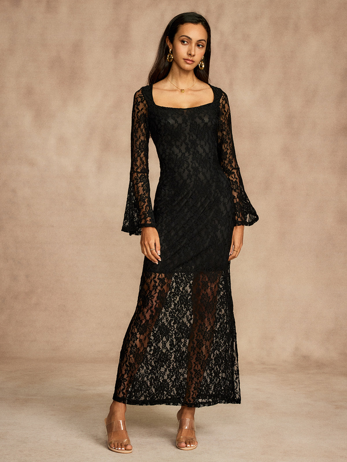 Lace Bell Sleeve Lined Dress