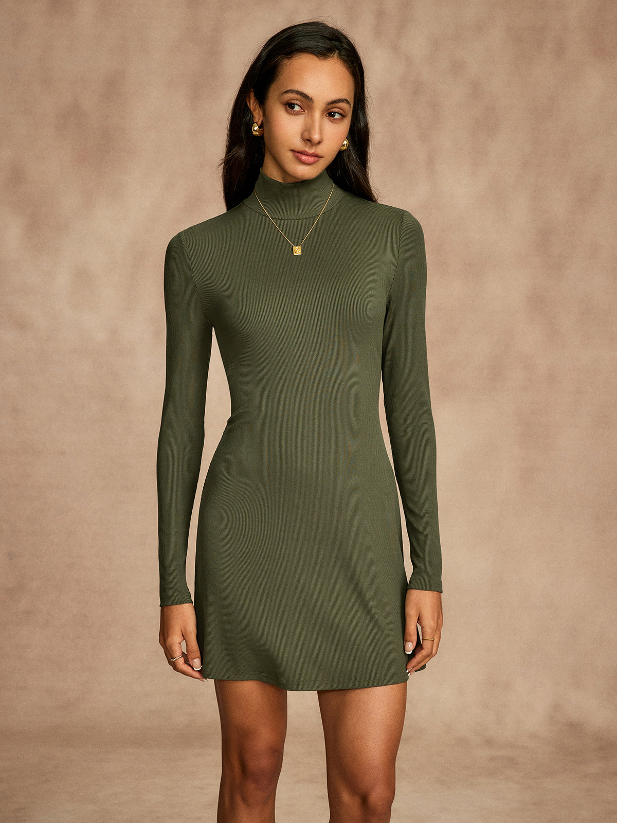 Ribbed Stand Collar Long Sleeve Short Dress