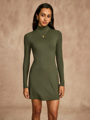 Ribbed Stand Collar Long Sleeve Short Dress